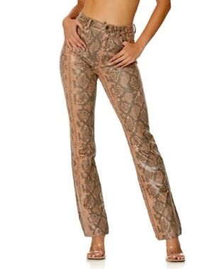 Afrm Heston Brown High Rise Straight Leg Faux Leather Pants Snake Print Size 24